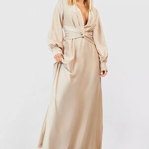 Boohoo Champagne Satin Twist Front Maxi Dress